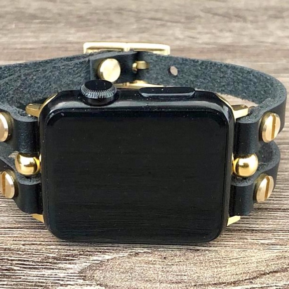 Apple Watch Black Leather Gold Jewelry Bracelet